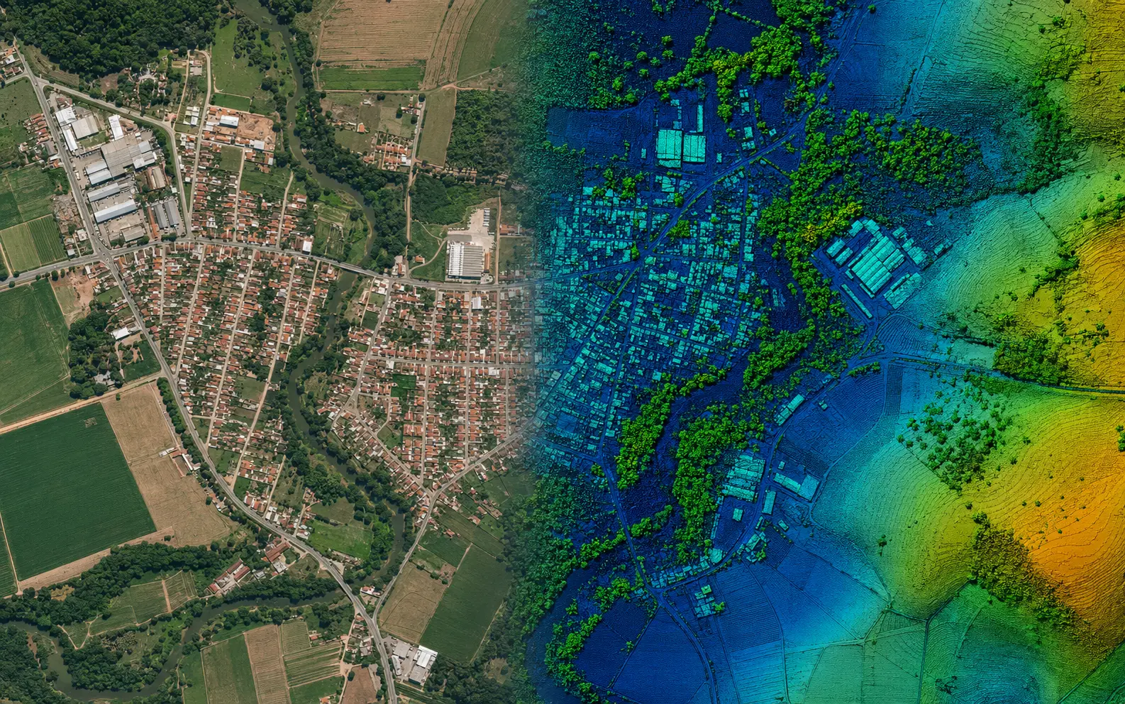 Comparação ortogonal entre imagem RGB, nuvem LiDAR e modelo do terreno