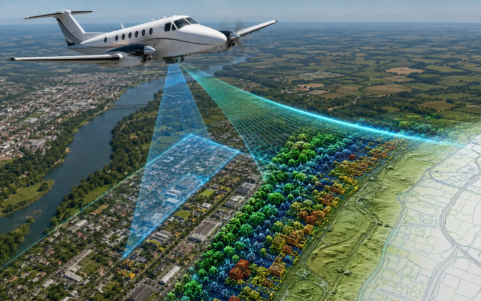 Aeronave, sensores ópticos e varredura LiDAR em missão de aerolevantamento